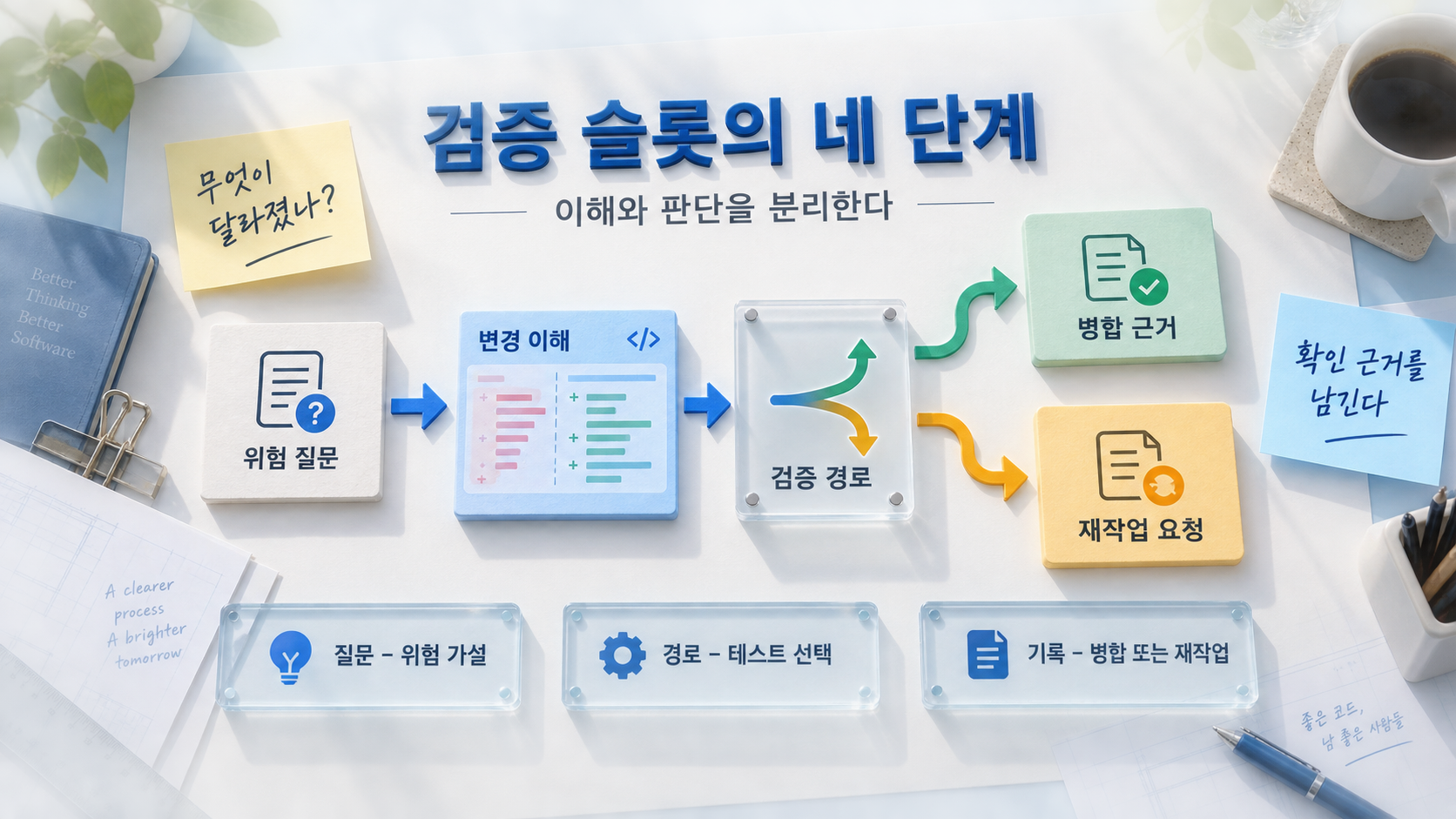 위험 질문에서 변경 이해와 검증 경로를 거쳐 병합 근거 또는 재작업 요청으로 분기되는 개념 일러스트