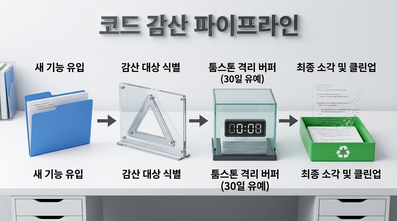새 기능 유입부터 감산 대상 식별 및 툼스톤 격리를 거쳐 최종 소각에 이르는 코드 감산 파이프라인