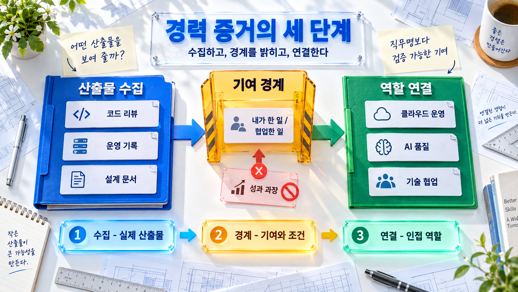 실제 산출물이 기여 경계 게이트를 거쳐 역할 연결 보드로 흐르고 성과 과장 카드는 거절되는 AI 개념 일러스트