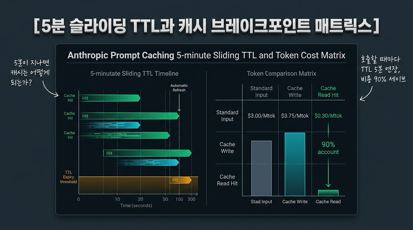 5분 슬라이딩 TTL 타임라인과 토큰 과금 매트릭스를 시각화한 테크 인포그래픽