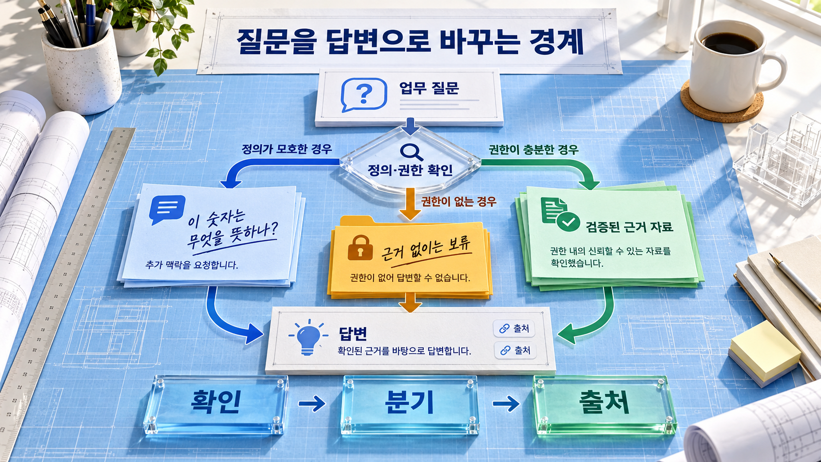 질문을 추가 확인·보류·근거 기반 답변으로 분기하는 데이터 에이전트 운영 흐름 개념도