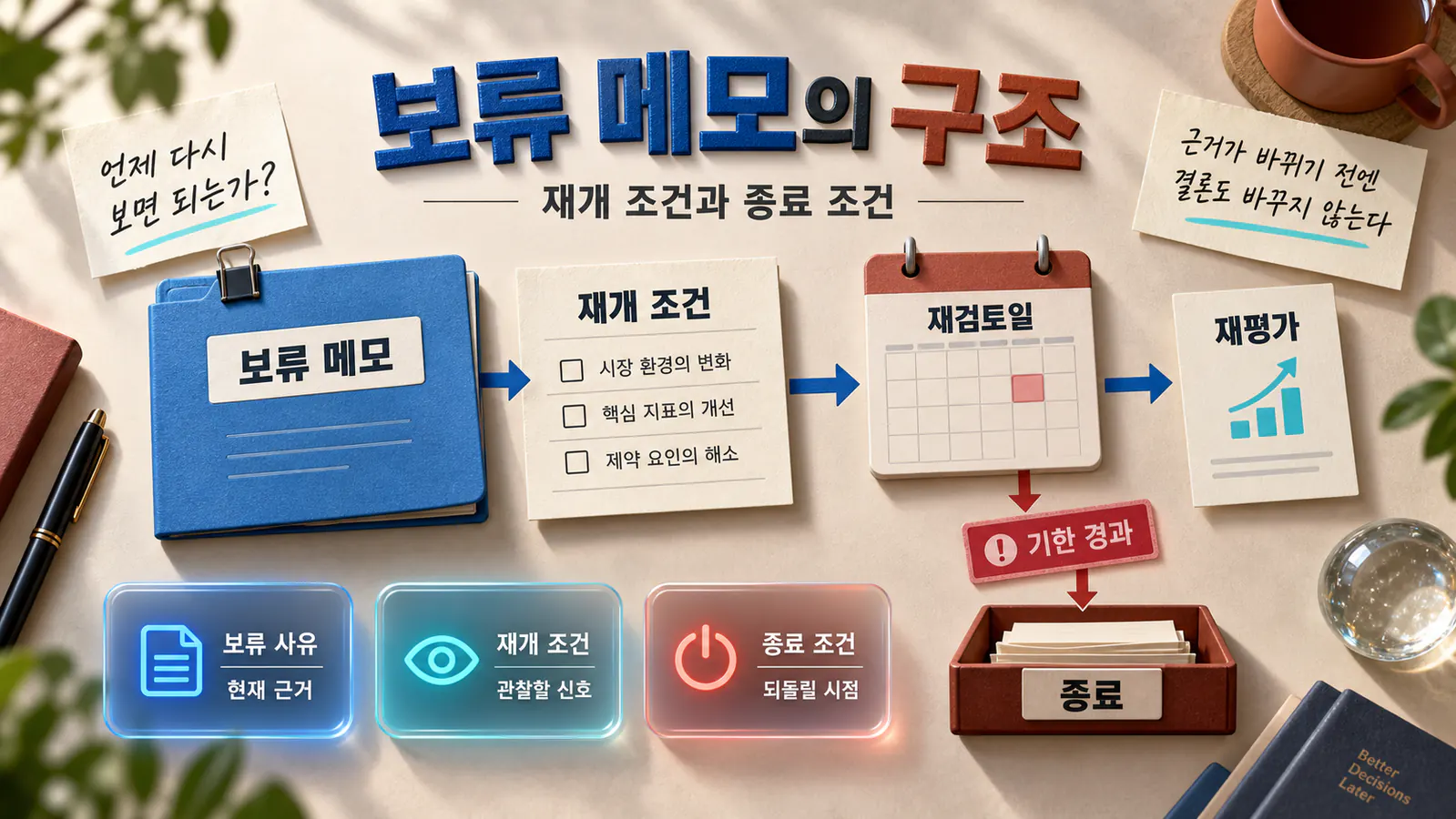 보류 메모에서 재개 조건과 재검토일을 거쳐 재평가 또는 종료로 이어지는 개념 일러스트